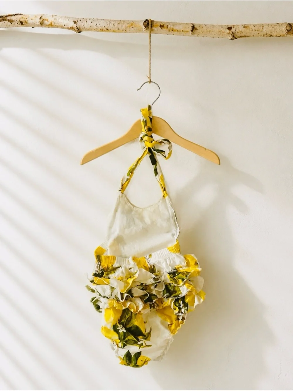 Kids Lemon Print Tie-Shoulder Romper - Yellow